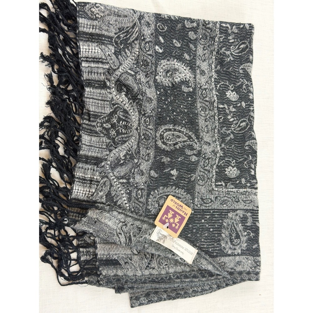 Pashmina Silk Shawl Black Grey Paisley Jacquard Wrap Fringe Fall Office Business